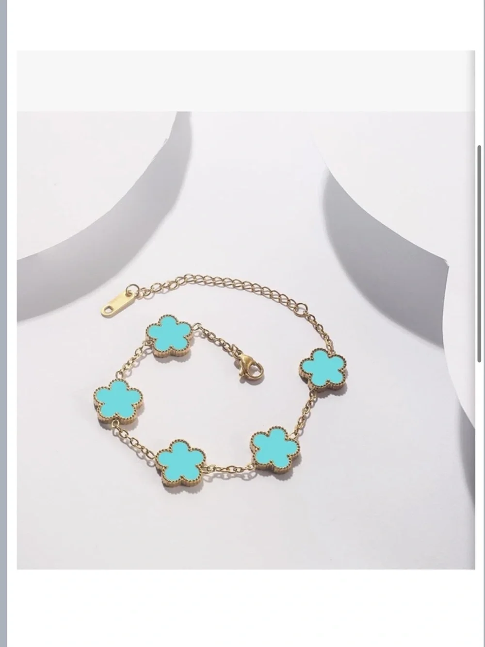 18K Gold Blue Clover Charm Bracelet Van Cleef Style Dainty Alhambra Chain Luxury